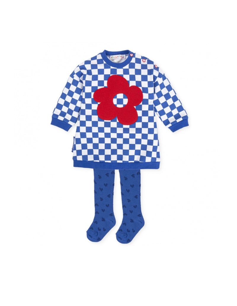 Agatha Ruiz Girls blue check dress with tights.