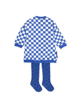 Agatha Ruiz Girls blue check dress with tights.